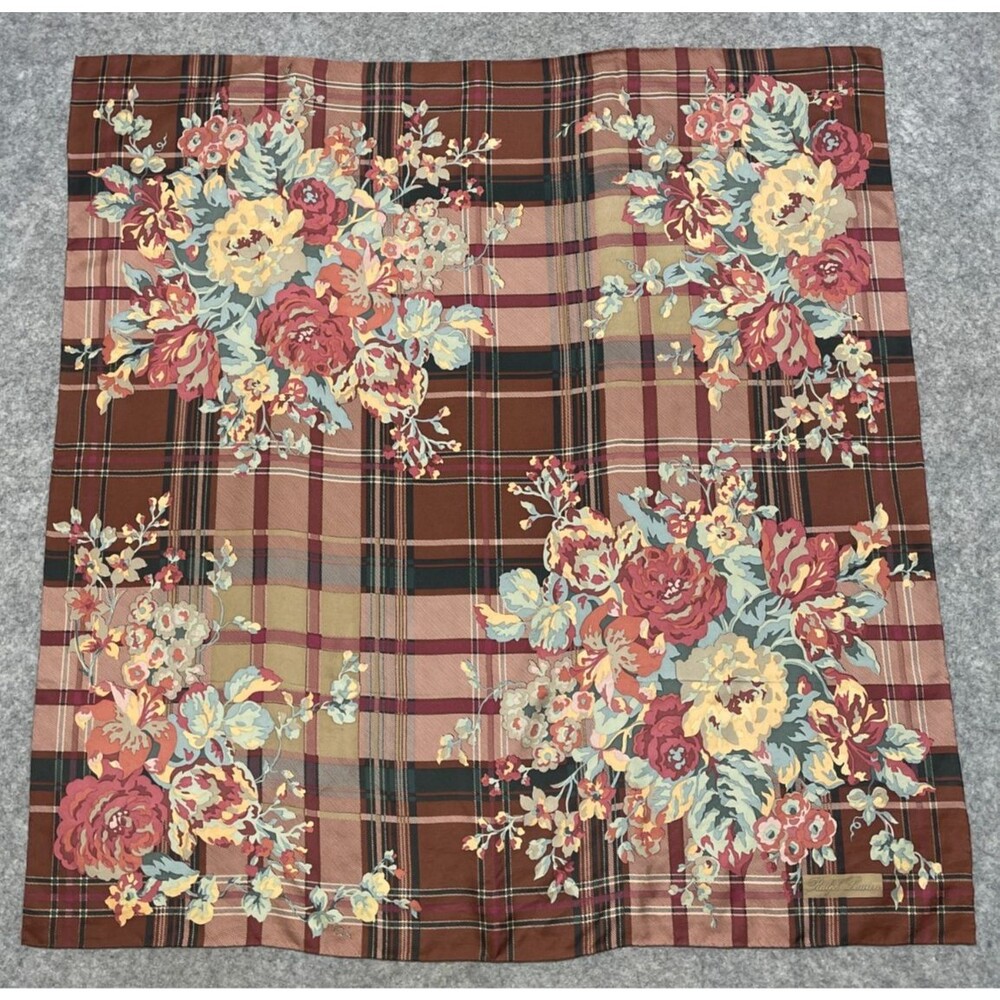 Ralph Lauren Vintage 100% Silk Floral Plaid Scarf Shawl Brown Tan Pink 35x35